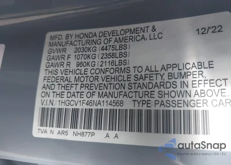 2022 Honda Accord Sport Se from USA, damaged, VIN 1HGCV1F46NA114568